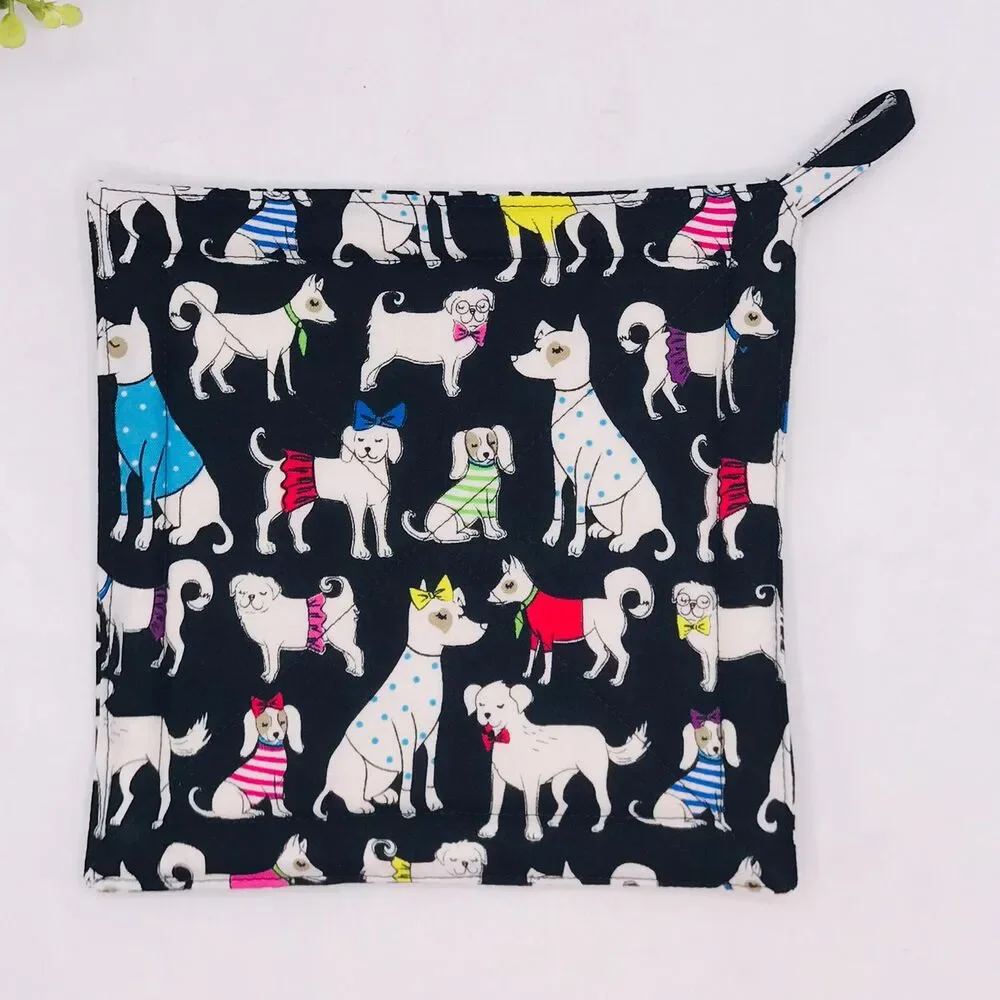 2 Square Potholders, Dog Print Cottage Core Kitchen 7x7 Inches